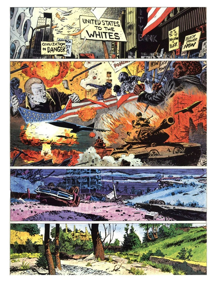 The first page of Jeremiah 01, four full length panels. The first shows racial demonstrations, the second images of civil war, the third the ruins of a nuked city and the final panel shows how nature has grown up over them.